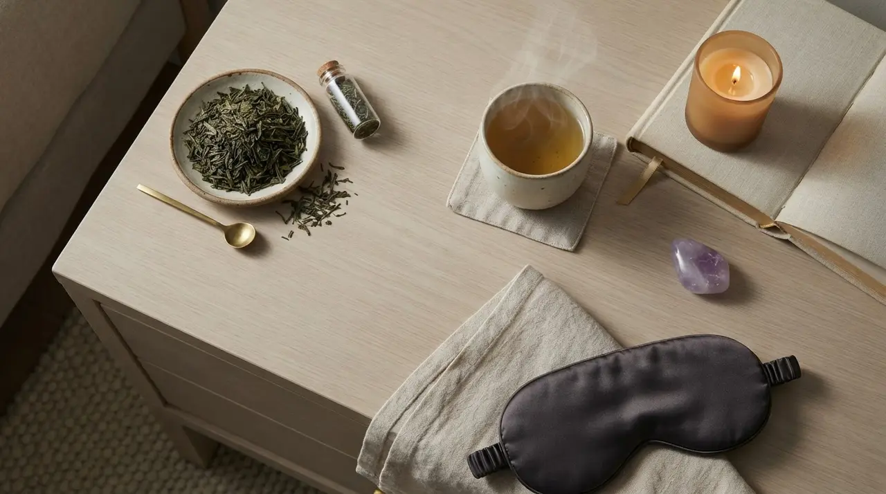 Natural sleep support ingredients like L-theanine and melatonin aids arranged on a table.