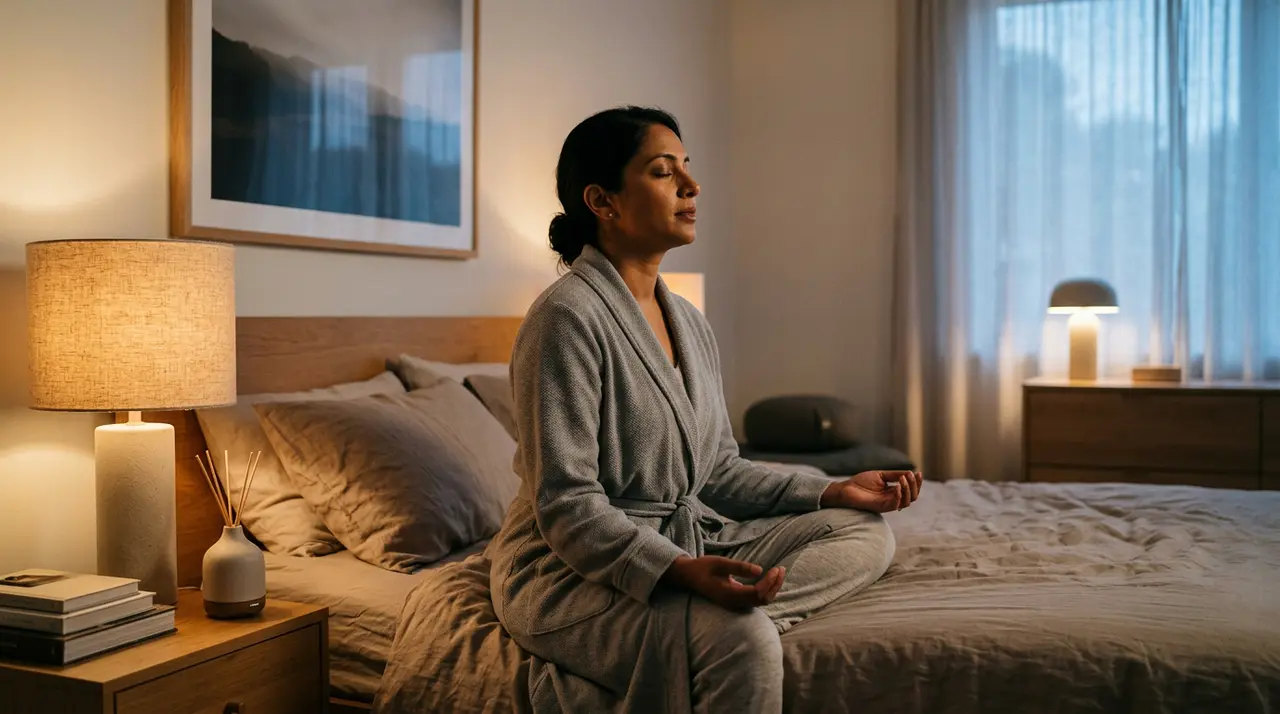Person practicing a calming bedtime routine to support sleep quality.