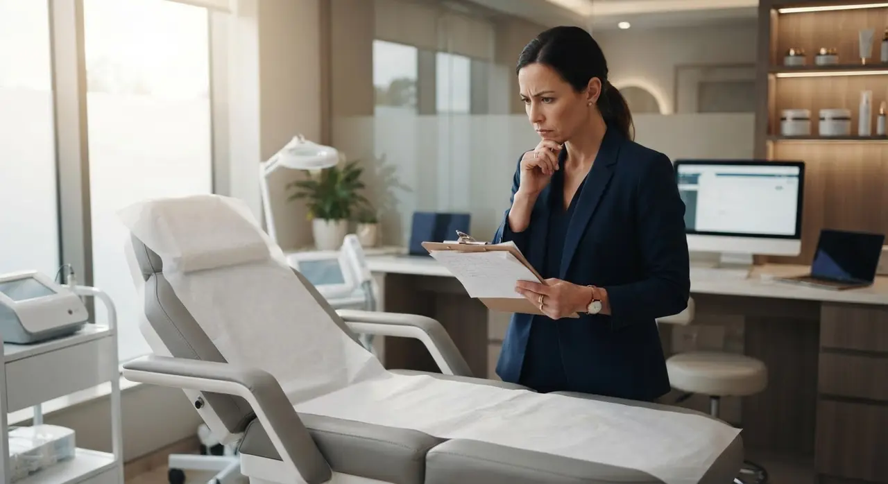 Aesthetic clinic manager calculating no-show losses on a tablet using a crm para clínica de estética.