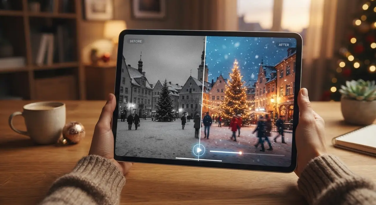 Montagem de fotos de natal e da cidade natal sendo transformadas em vídeo com IA