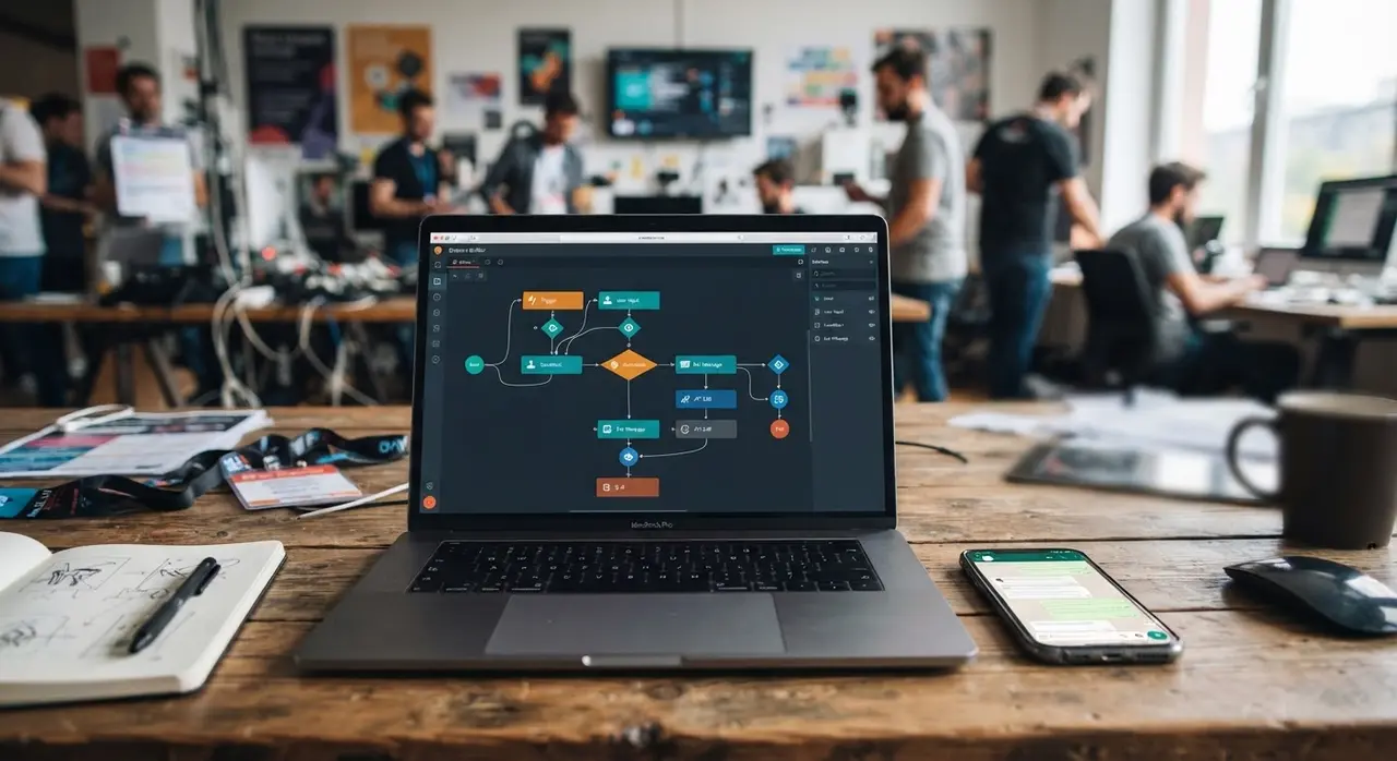Interface de criação de fluxo do botpress whatsapp na tela de um notebook