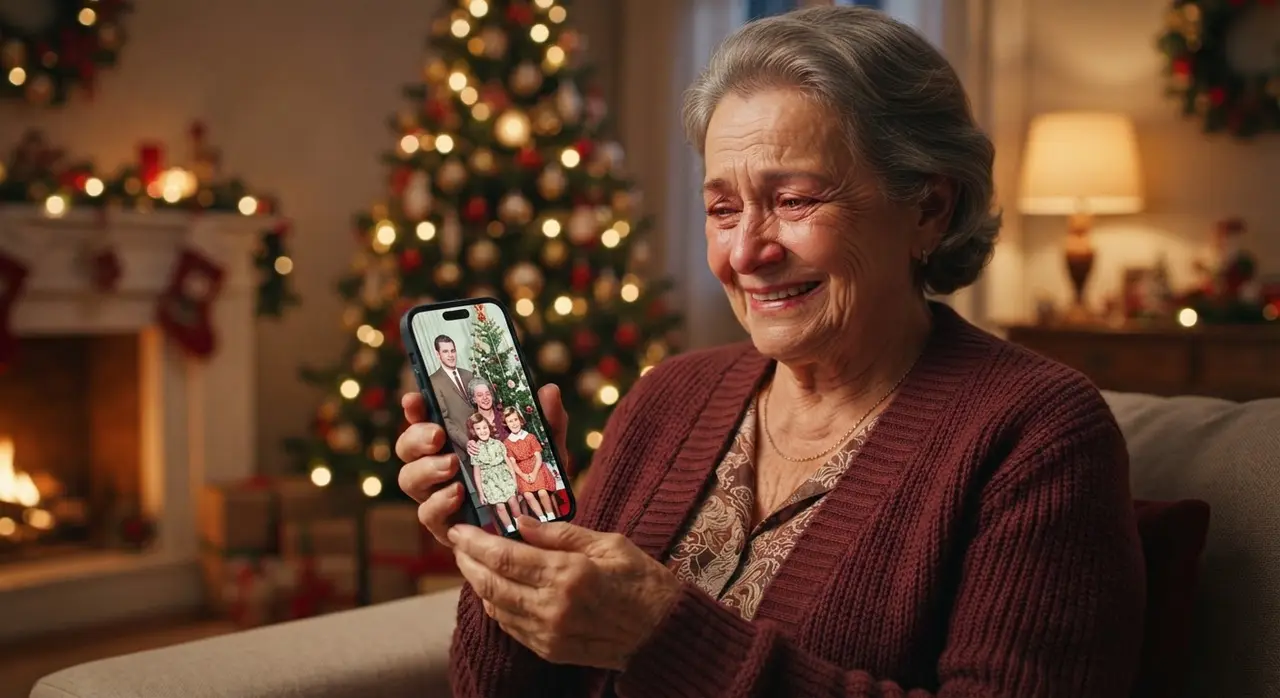 Idoso sorrindo ao ver uma montagem de fotos de família em um celular durante o Natal