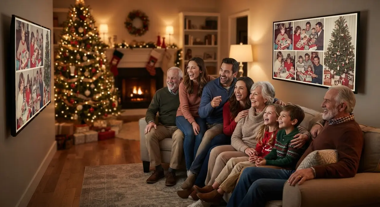 Família reunida assistindo a uma montagem de fotos retrospectiva de Natal na TV