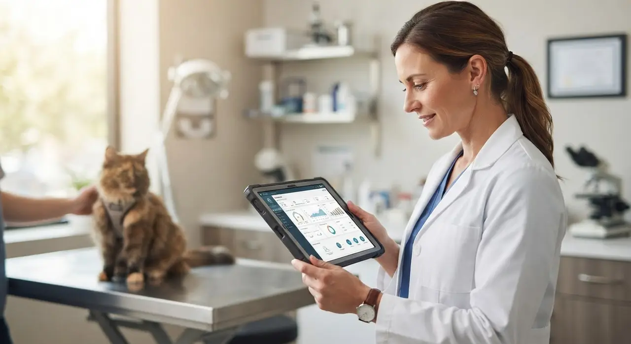 Médico-veterinário analisando o resultado de uma triagem veterinária automatizada em seu tablet antes da consulta.