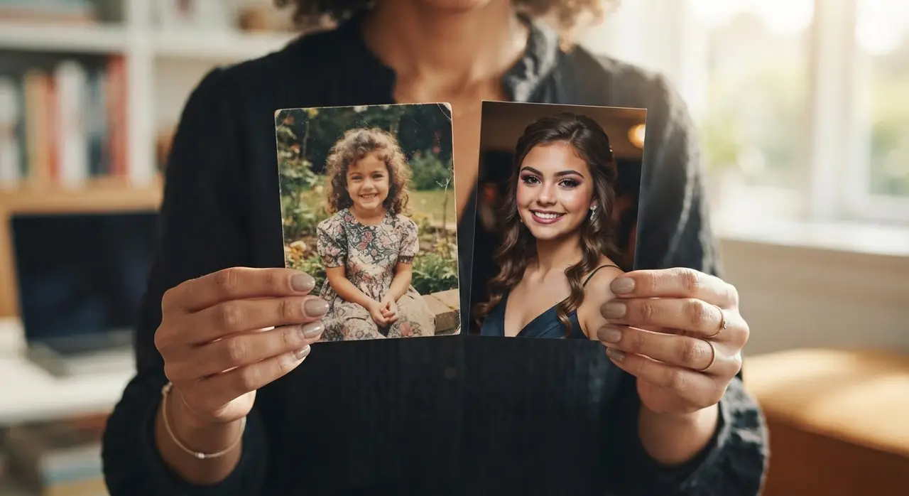 Pessoa segurando fotos de diferentes épocas para criar um vídeo de então e agora com IA