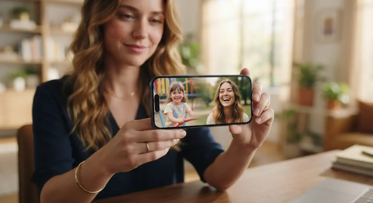 Tela de celular mostrando a transição suave de um vídeo então e agora criado com inteligência artificial