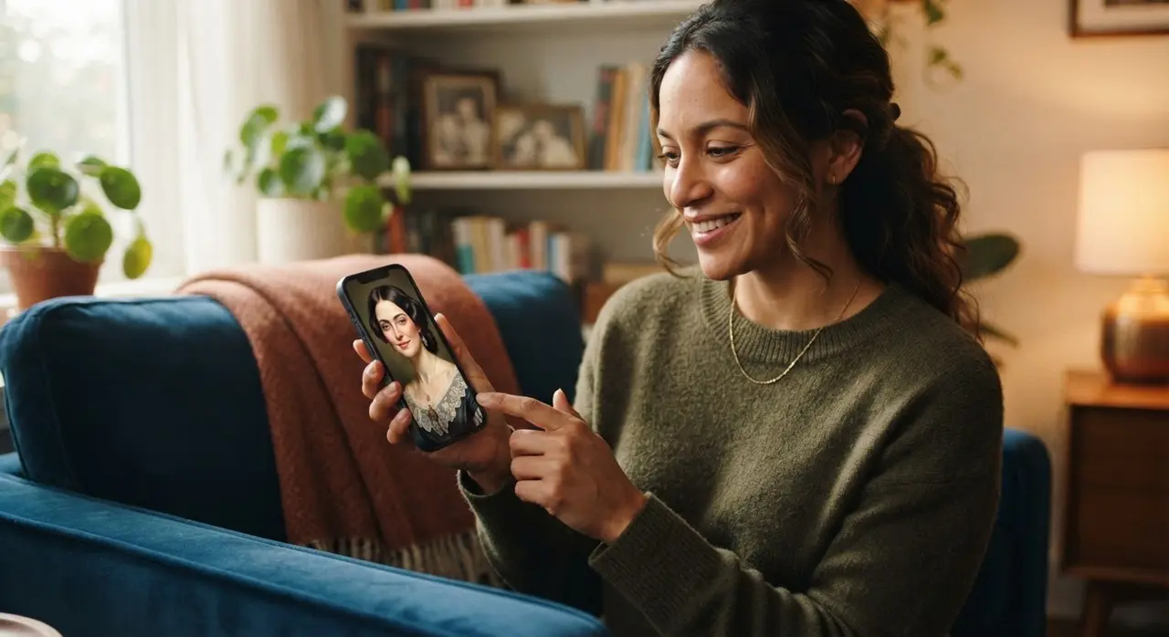 Pessoa segurando um celular exibindo um retrato animado como presente personalizado e emocionante.