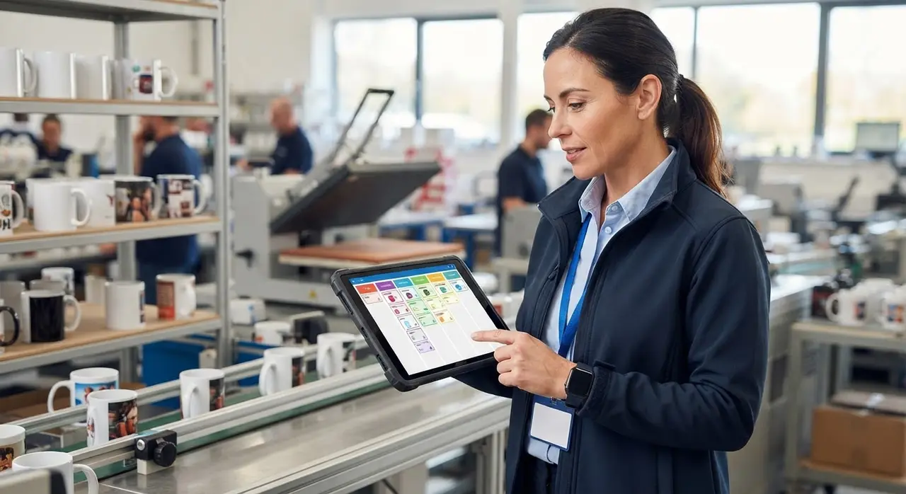 Production manager tablet showing a digital kanban board of custom orders connected to Tiny ERP.