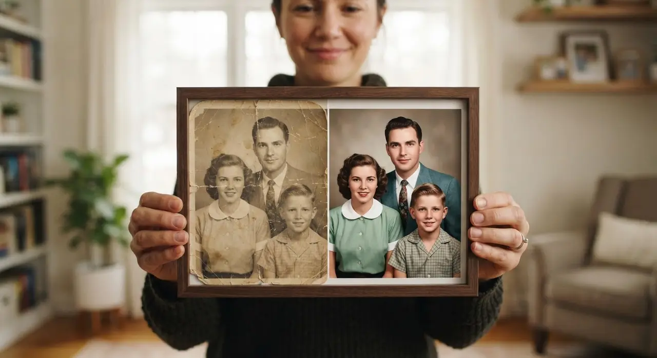 Comparação de restauração de foto antiga: antes e depois para dar vida a fotos antigas.