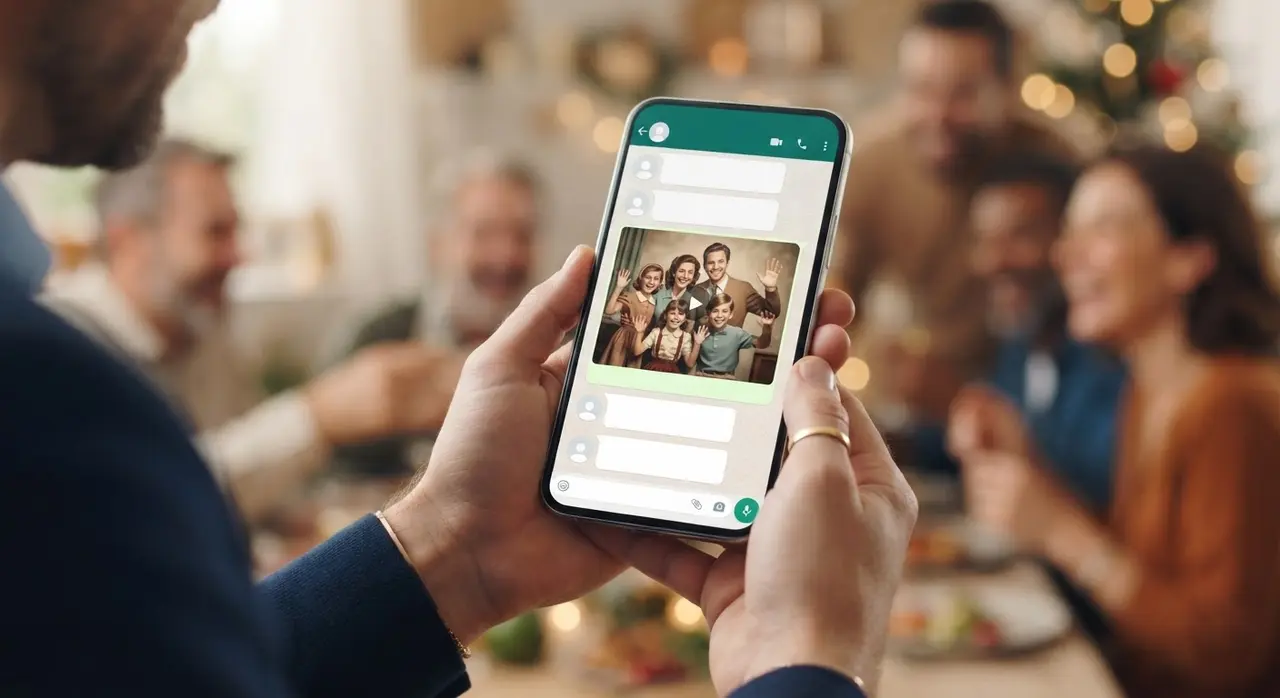 Montagem de fotos de família sendo animadas e enviadas pelo WhatsApp.