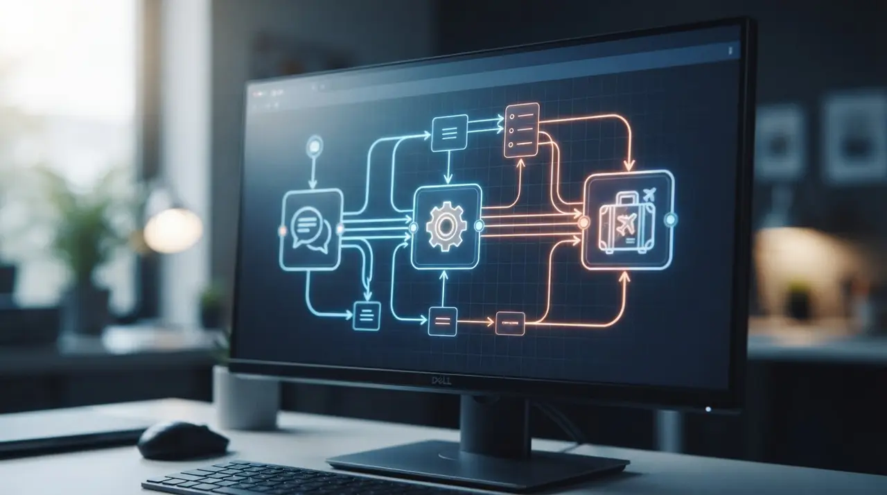 Digital data flowing seamlessly between a travel agency system and a customer service chat