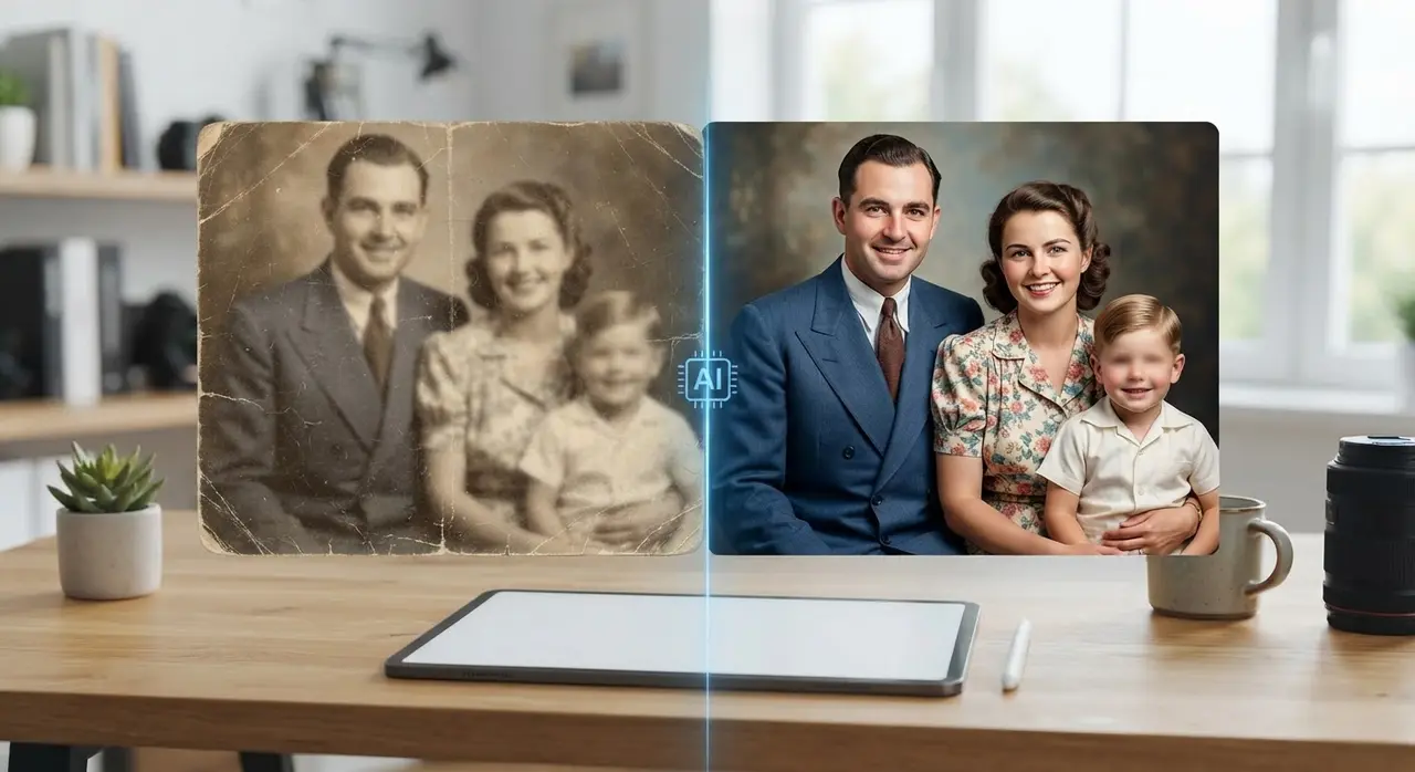 Comparação entre uma foto antiga danificada e o resultado após melhorar foto com ia para criar vídeo