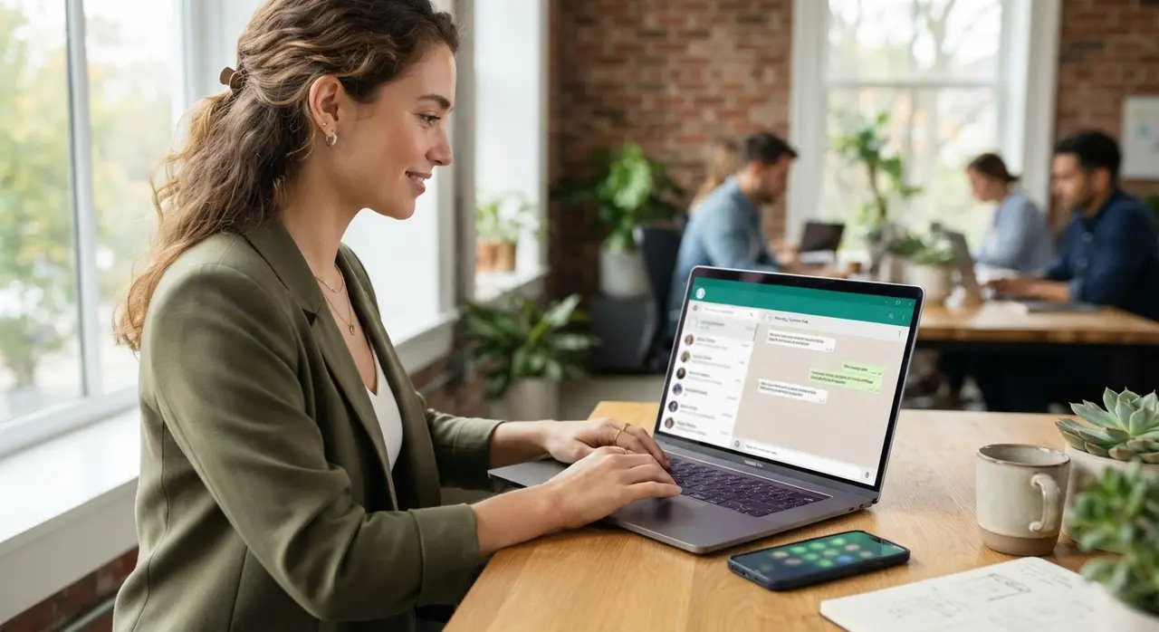 Empreendedor usando o whatsapp business web no notebook para atender clientes da sua empresa.