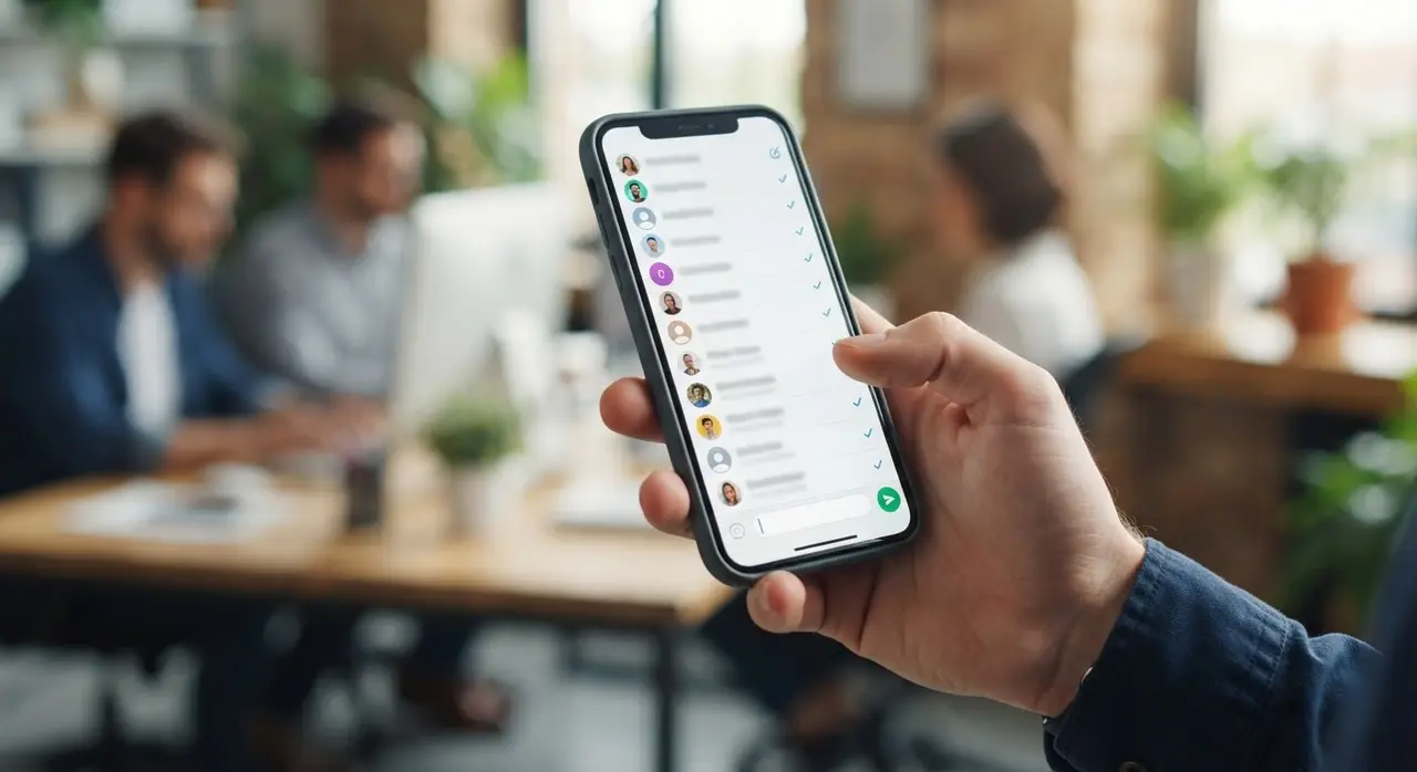 Celular mostrando a seleção de contatos para enviar mensagem em uma lista de transmissão whatsapp.