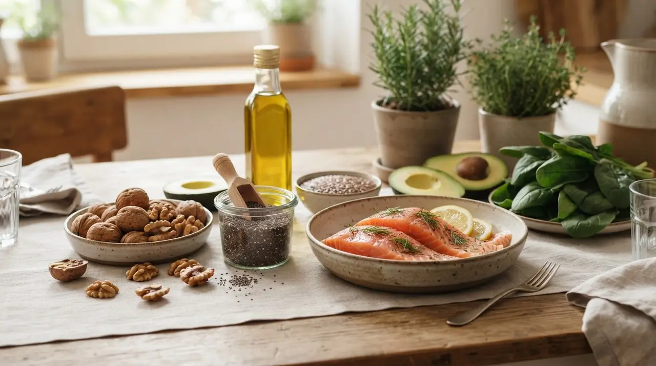 A variety of omega 3 rich foods including salmon and seeds for health