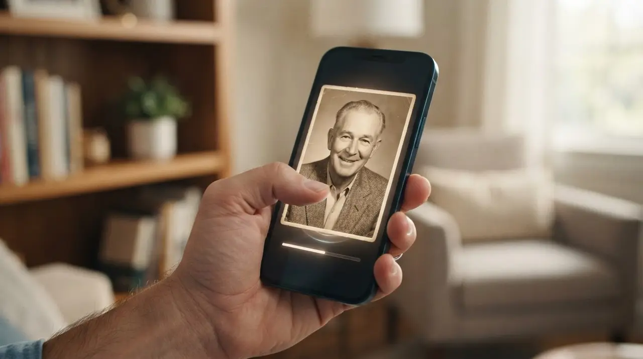 Smartphone mostrando o processo de dar vida a foto antiga através de inteligência artificial.