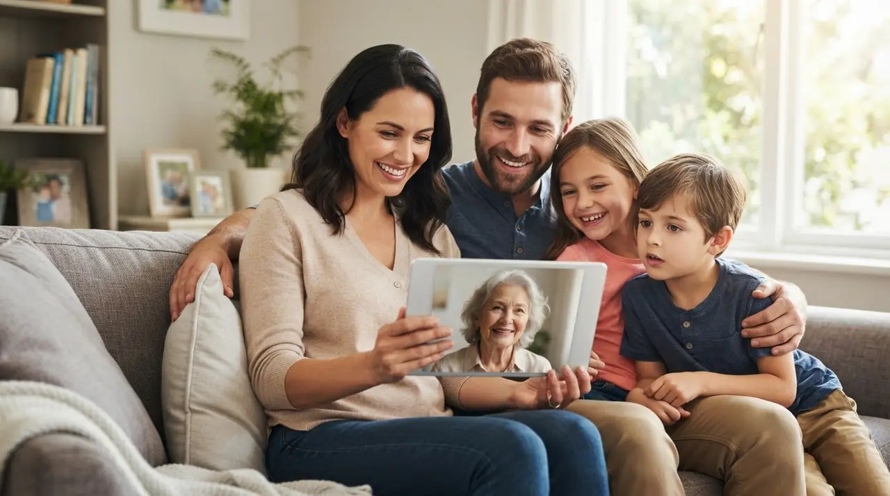 Família reunida revivendo memórias ao ver uma foto antiga em movimento.
