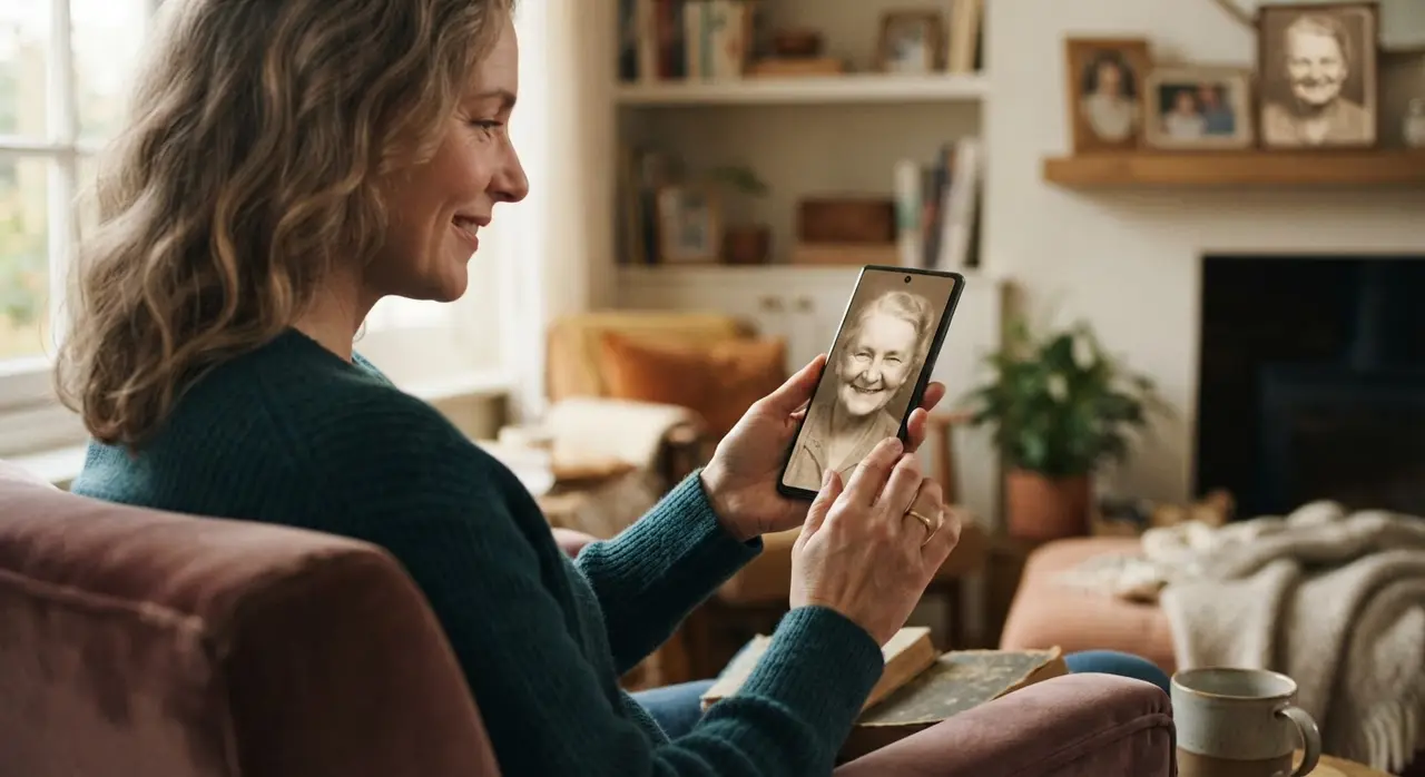 Vídeo de homenagem com foto antiga animada sendo visualizado no celular para reviver memórias.