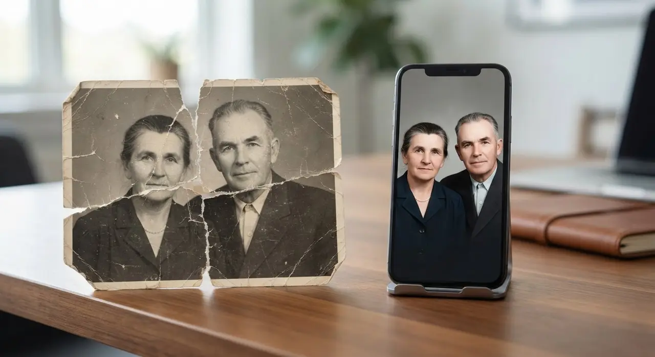 Comparação de foto antiga rasgada e restaurada por IA no celular