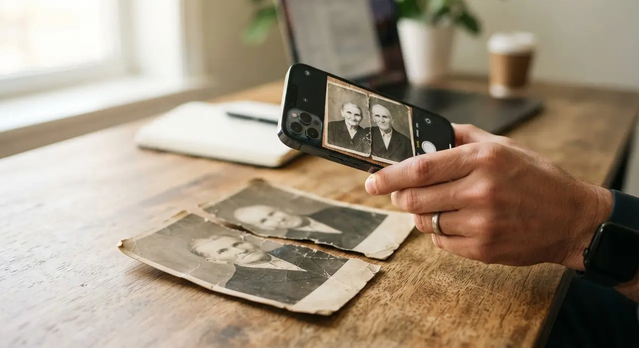 Pessoa utilizando smartphone para digitalizar foto antiga para restauração