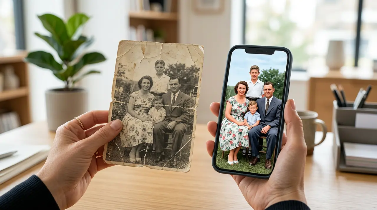 Comparação de foto antiga de família danificada com a versão restaurada pela IA do site Vídeo com IA.