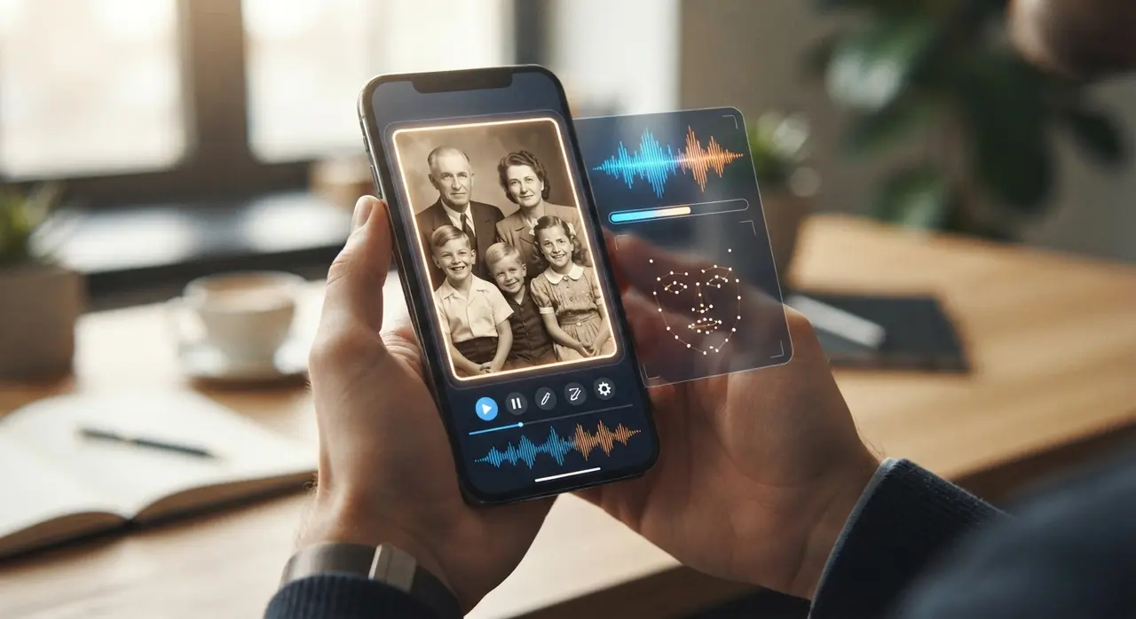 Animate portrait example showing a static photo transformed into a talking photo using AI.