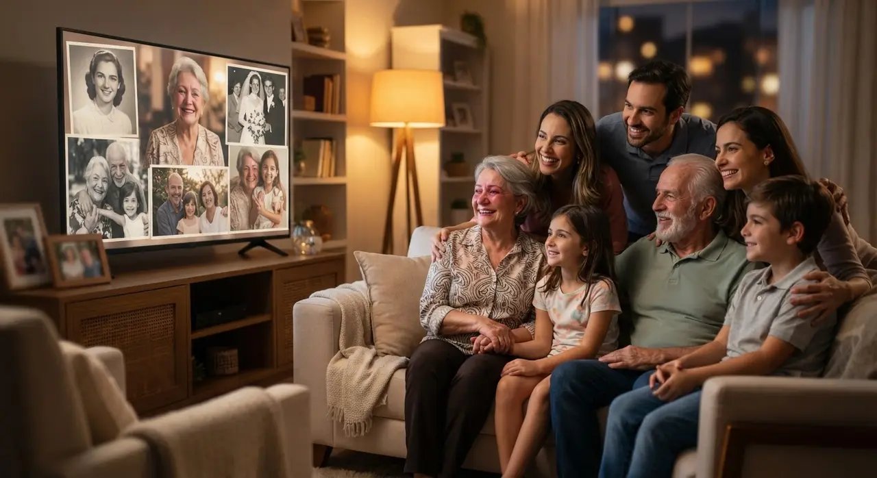 Família reunida assistindo vídeo de homenagem emocionante para aniversário da vovó
