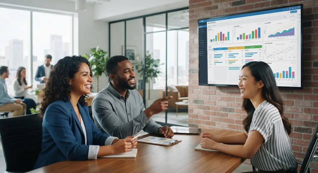 Equipo de agentes de ventas utilizando un crm whatsapp para gestionar múltiples conversaciones