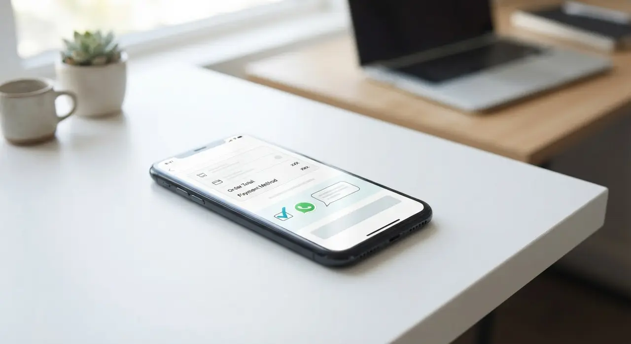 A smartphone showing a verified business profile protected by a green shield to prevent a WhatsApp Business ban.