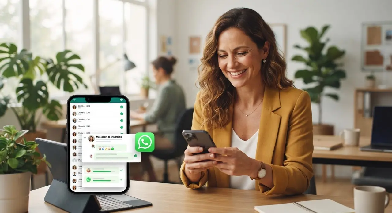 Cliente feliz recibiendo un mensaje de saludo WhatsApp por su cumpleaños de parte de una empresa