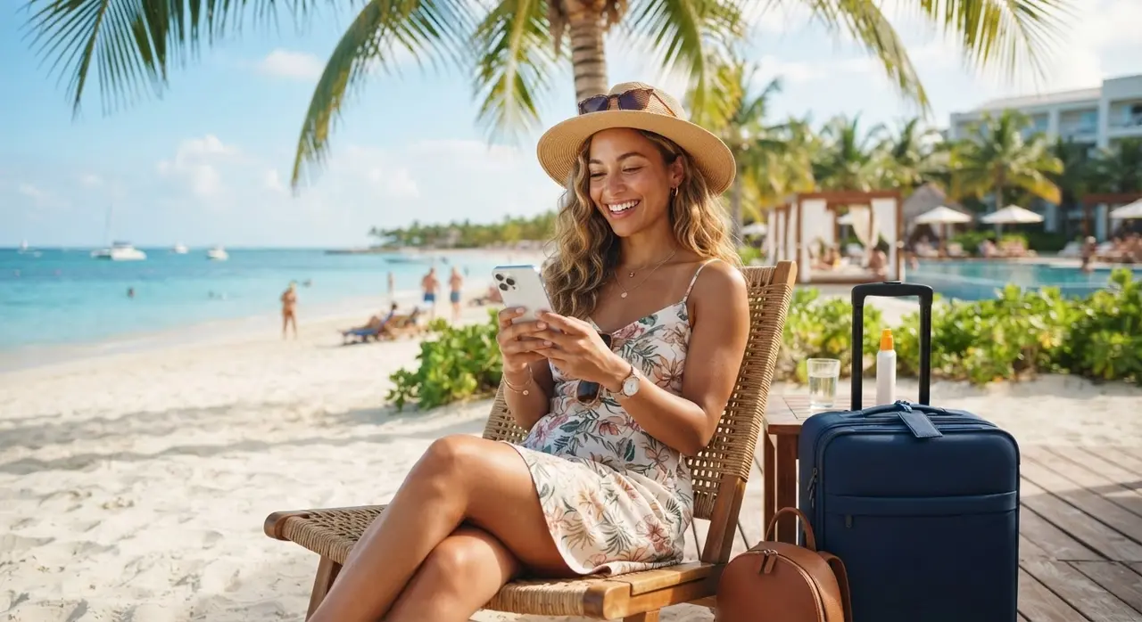 Smartphone con chatbot de IA enviando paquetes estacionales a clientes de agencia de viajes