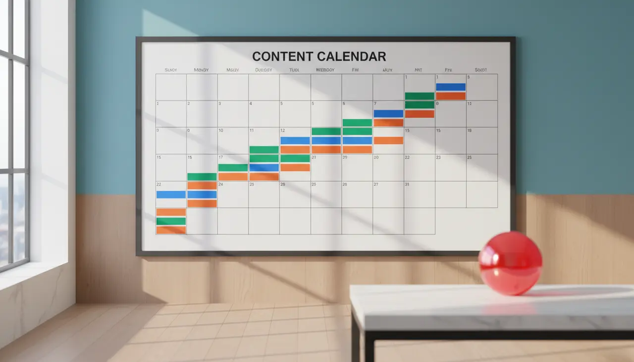 Planejamento de calendário de conteúdo estratégico focado em autoridade de busca no Google.
