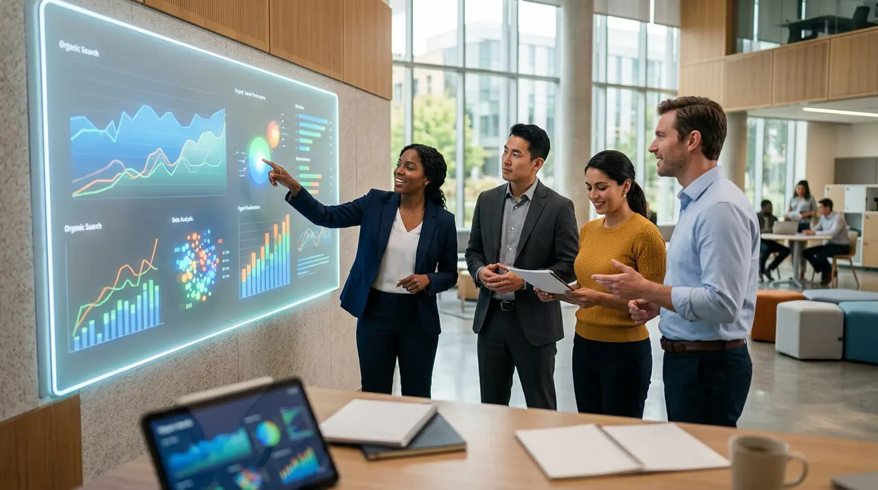 Equipe de marketing educacional analisando dados de SEO e captação de alunos para blog de cursos