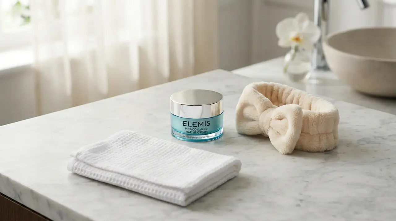 The ELEMIS Pro-Collagen Marine Cream jar on a bathroom counter as a firming face cream.
