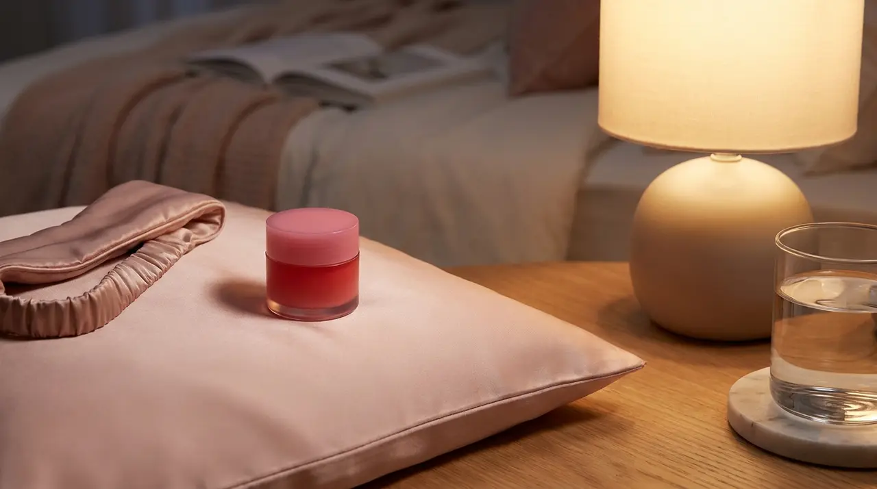 Nighttime skincare routine featuring LANEIGE Lip Sleeping Mask.