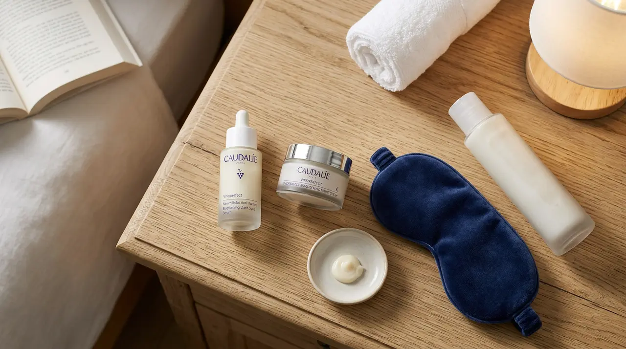 Nighttime skincare routine featuring the Caudalie Vinoperfect Brightening Glycolic Night Cream.