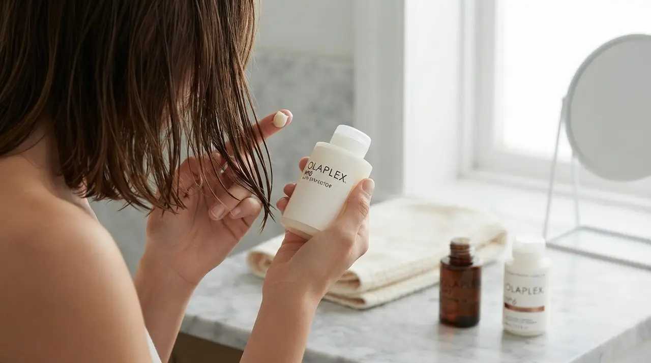Applying olaplex no 3 hair treatment to damp hair to repair damage