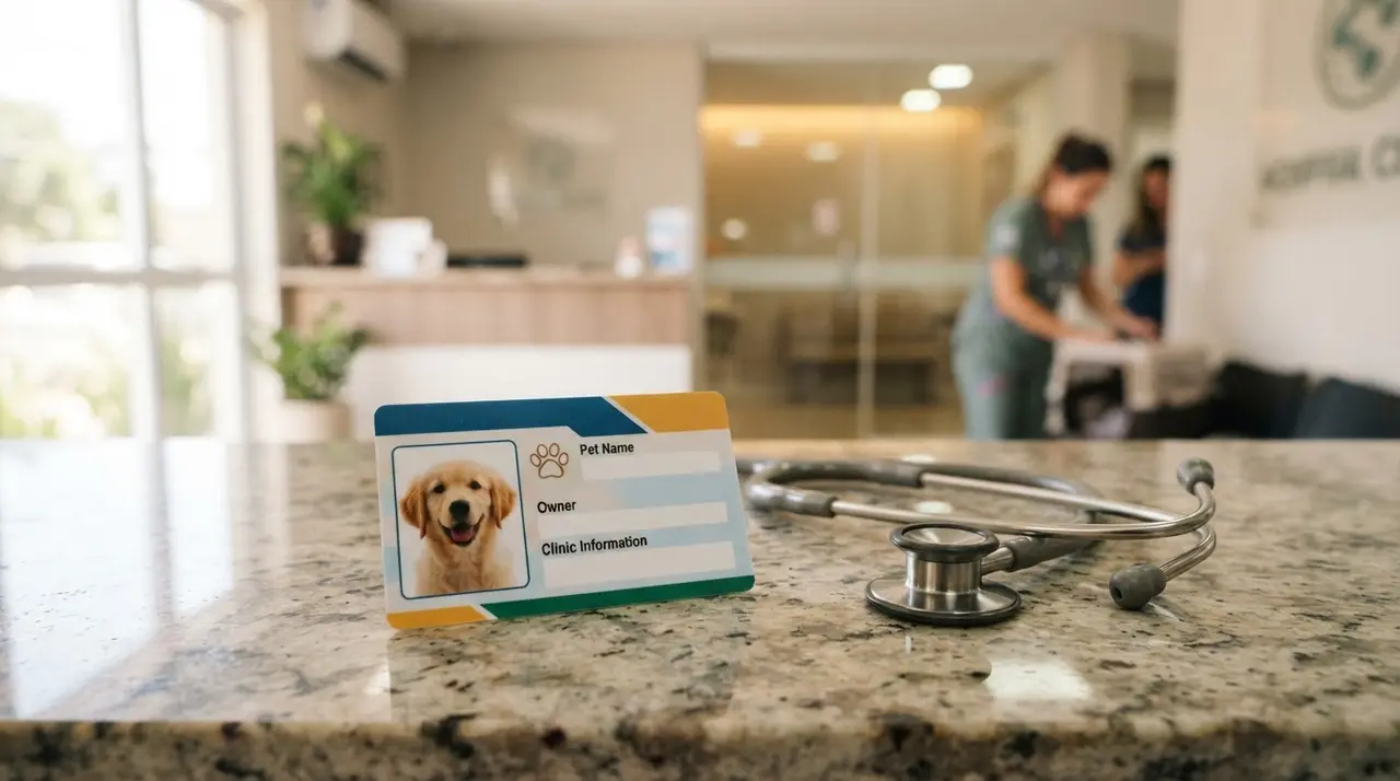 Carteirinha para pet sobre balcão de clínica veterinária