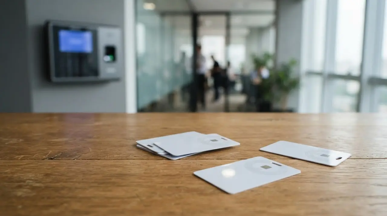 Vários cartões de acesso corporativo sobre uma mesa, prontos para uso no controle de ponto.