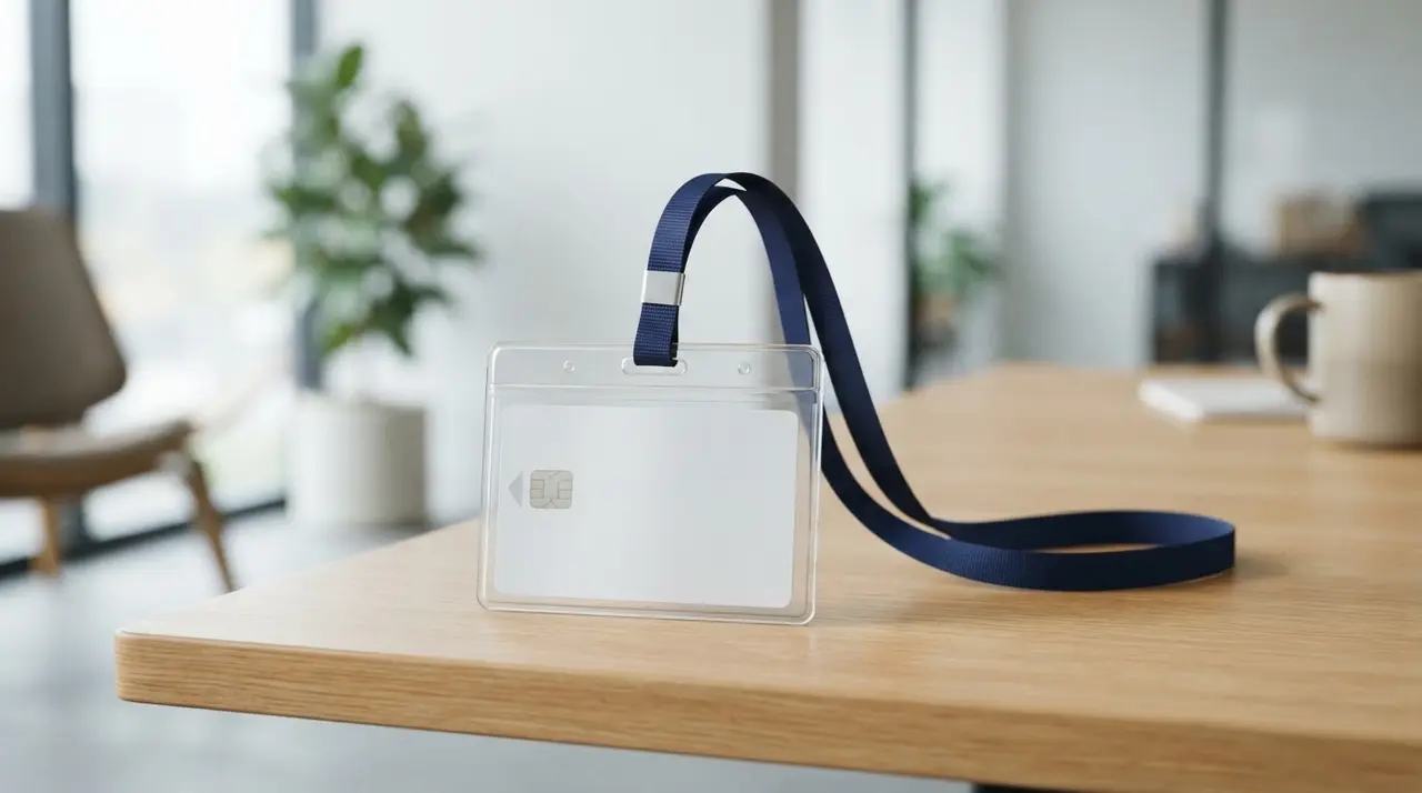 Crachá eletrônico protegido por porta-crachá rígido e pendurado em um cordão liso azul.