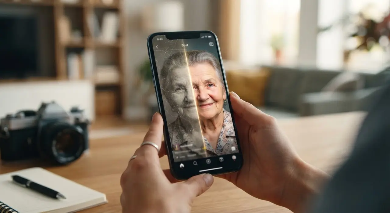 A woman viewing a restored old photo on a smartphone to create emotional Instagram content