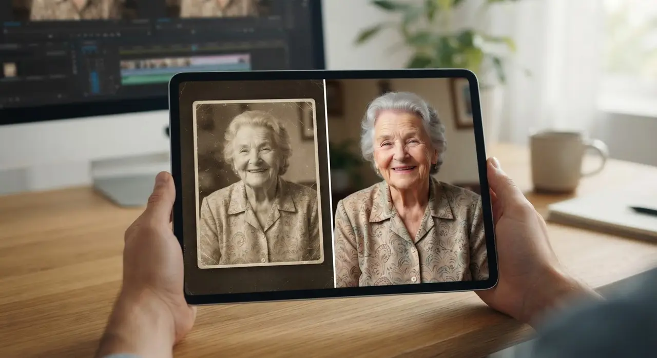 Before and after comparison of recovering old photos using AI tools