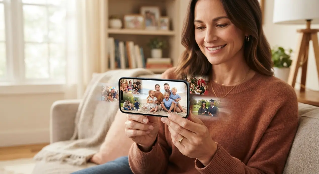 Montaje de fotos familiares siendo visualizado en un dispositivo móvil