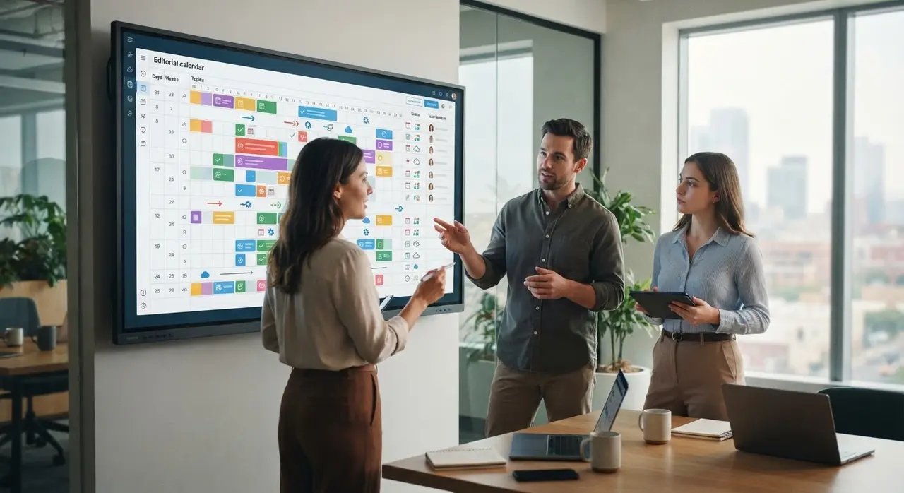Equipe de marketing acompanhando o calendário de conteúdo automatizado
