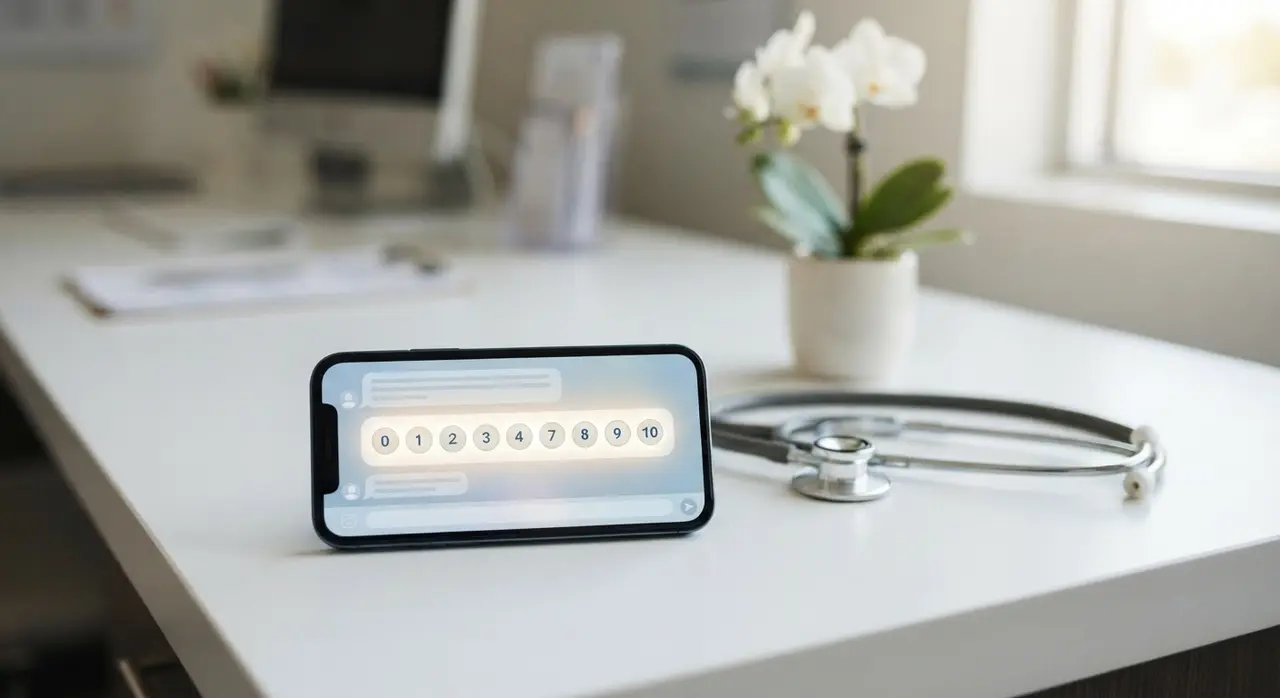 Smartphone showing an automated bot de atendimento survey on a clinic desk