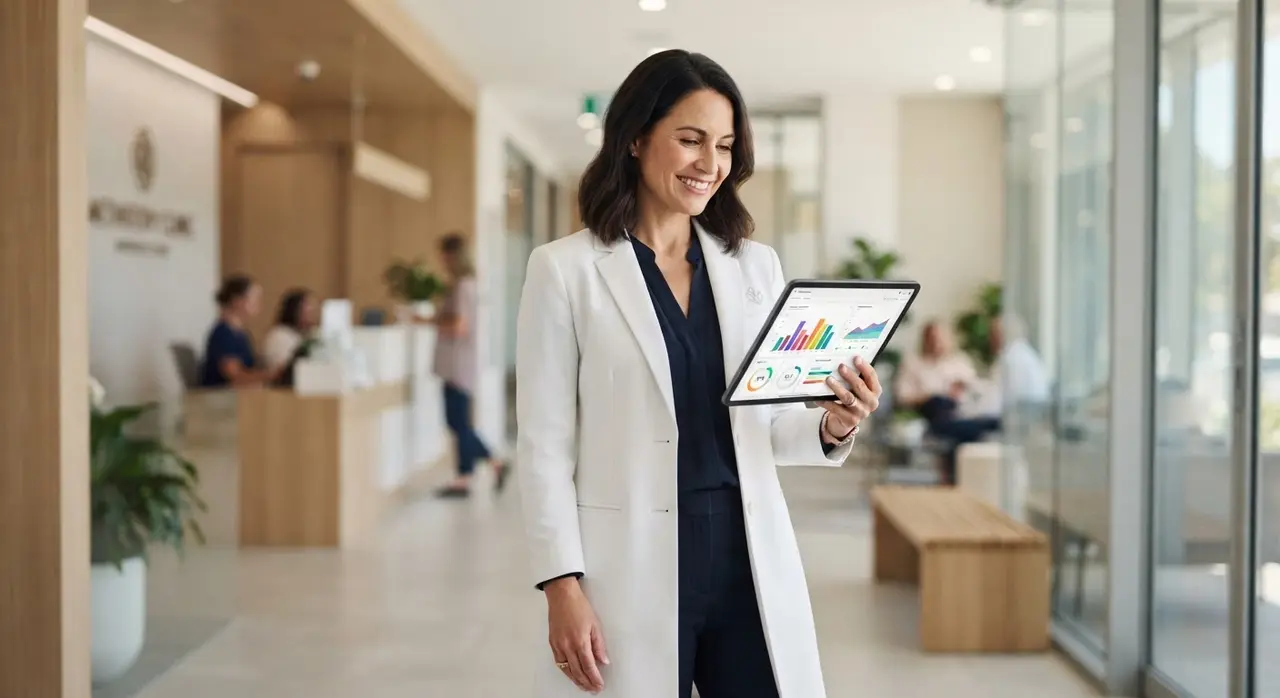 Clinic manager reviewing positive patient retention metrics on a laptop