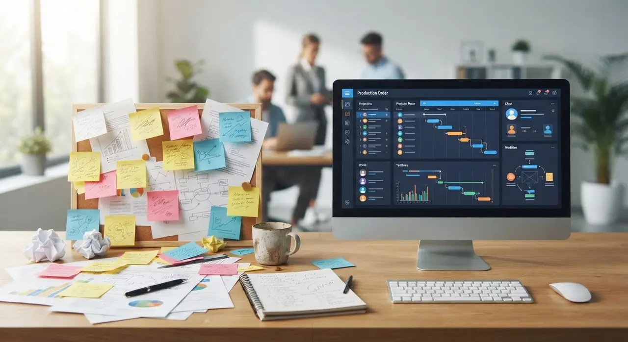 Production manager reviewing a complete AI-generated briefing before manufacturing custom products