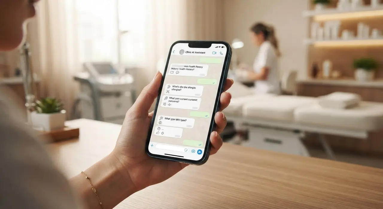 Smartphone displaying an automated service queue and scheduling chat for an aesthetics clinic.