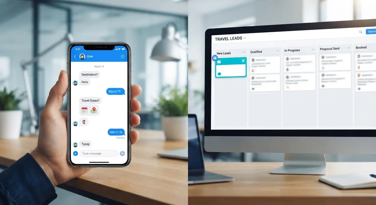 A vertical AI sales agent capturing travel details on a smartphone and syncing them to a CRM dashboard.
