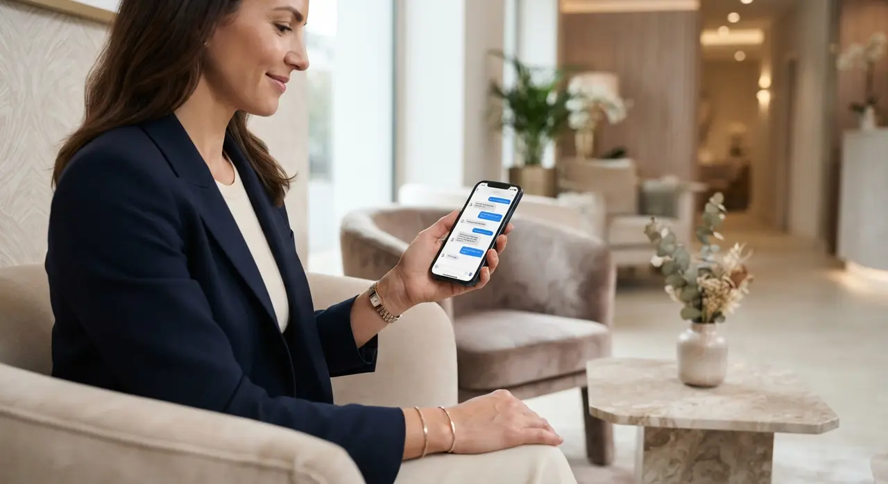 Smartphone displaying an AI automation chat qualifying a patient's aesthetic goals in a clinic setting.